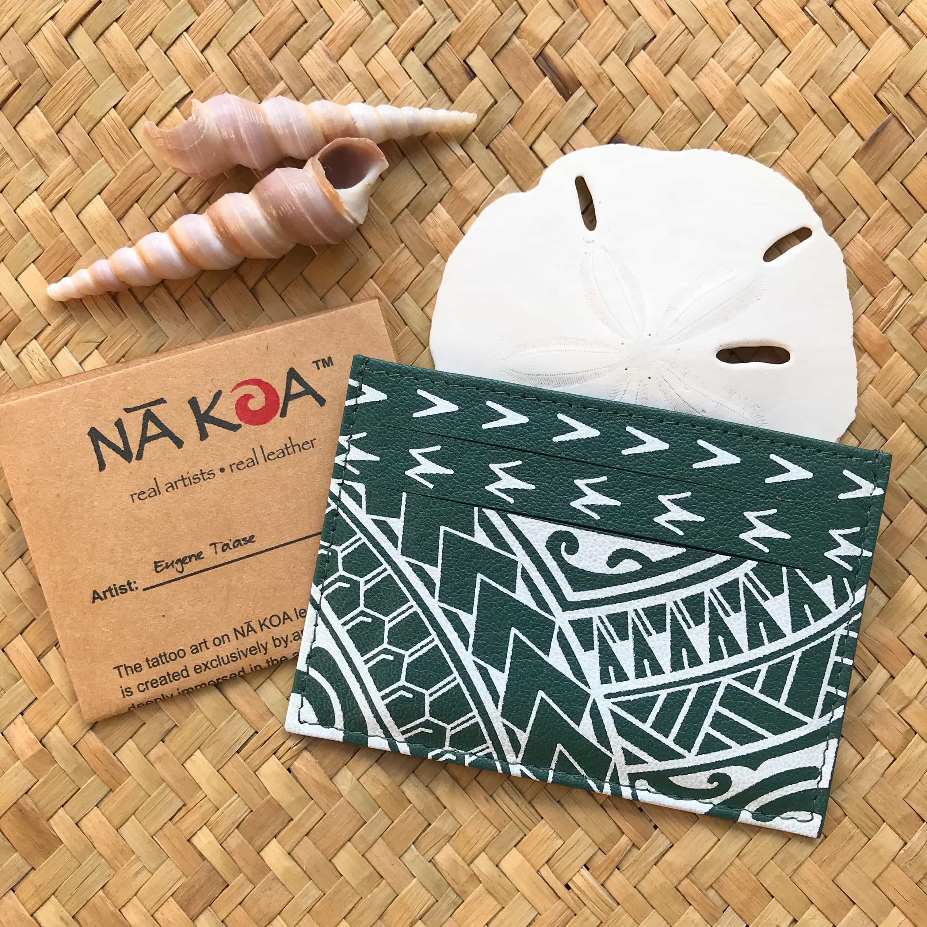 Hawaiian gift under $20 green leather ID card holder with Polynesian tribal design | Aloha Products USA
