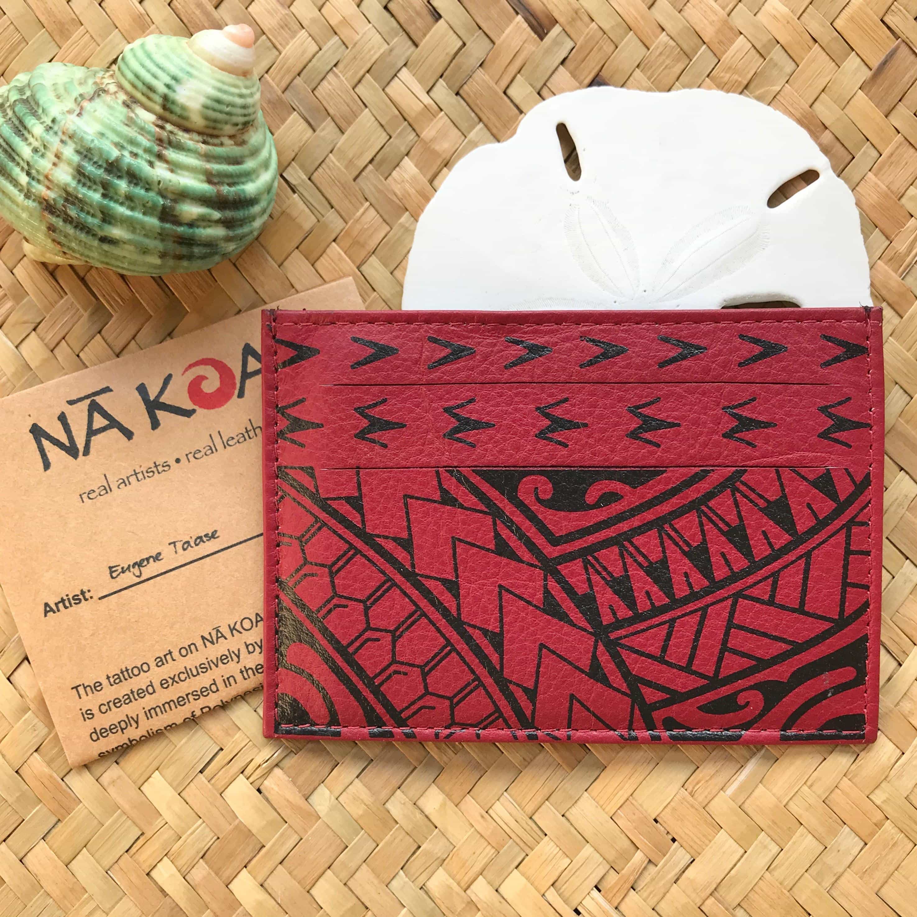 Hawaiian gift under $20 red leather ID card holder with Polynesian tribal design | Aloha Products USA
