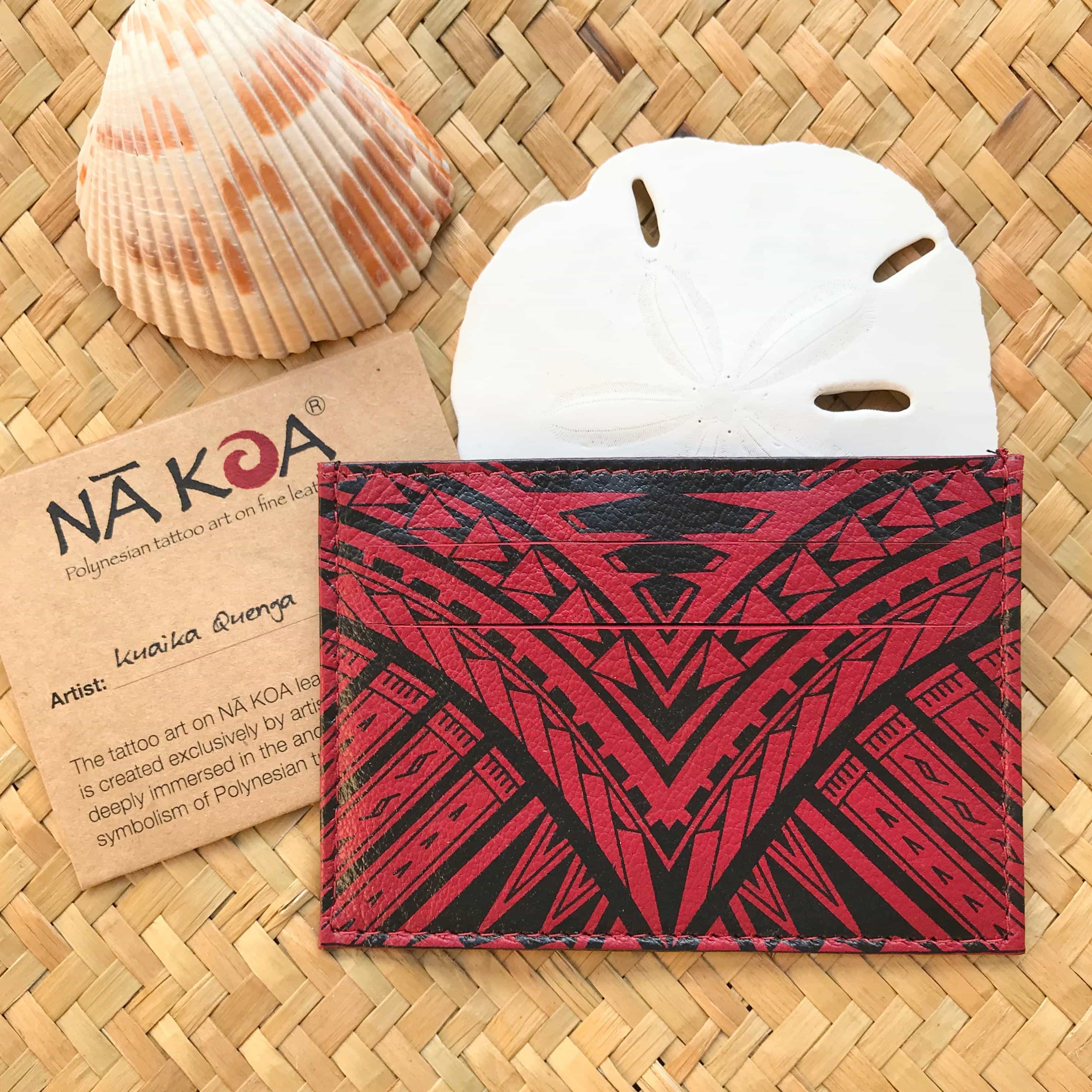 Hawaiian gifts under $20 red leather Id card holder with tribal tattoo design | Aloha Products USA