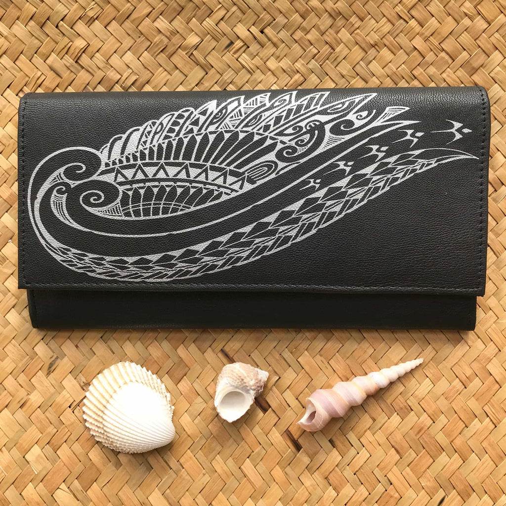 Black tribal design leather clutch wallet Hawaiian gift for women with new beginnings meaning  | Aloha Products USA