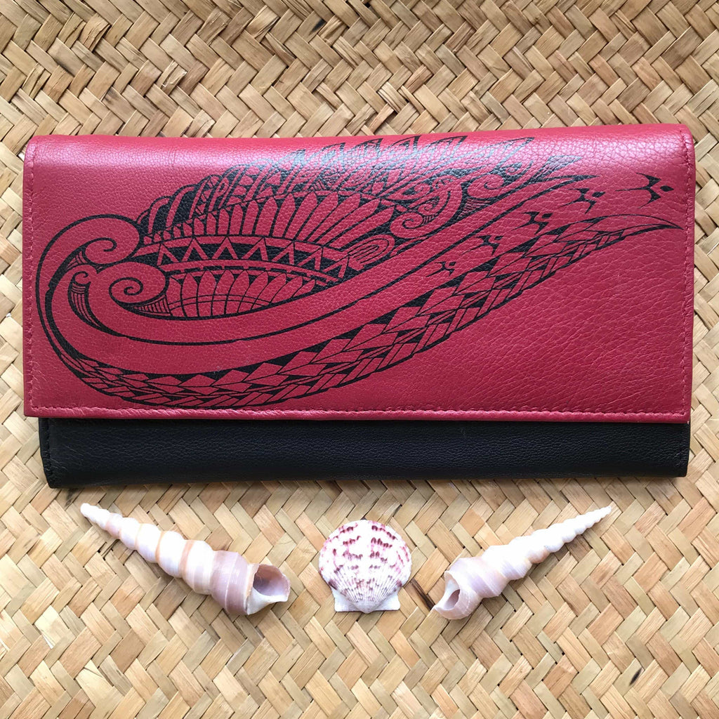 Red leather tribal design clutch wallet Hawaiian gift for women with protection meaning | Aloha Products USA