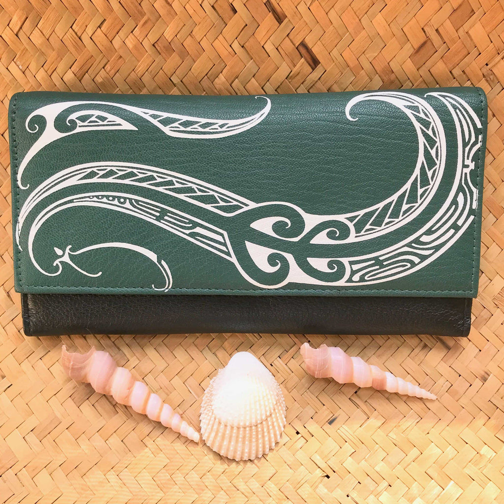 Green leather tribal design clutch wallet Hawaiian gift for women with happy life meaning | Aloha Products USA
