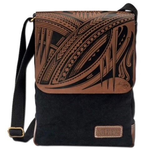 Hawaiian gifts for men black canvas messenger bag with tribal designs | Aloha Products USA