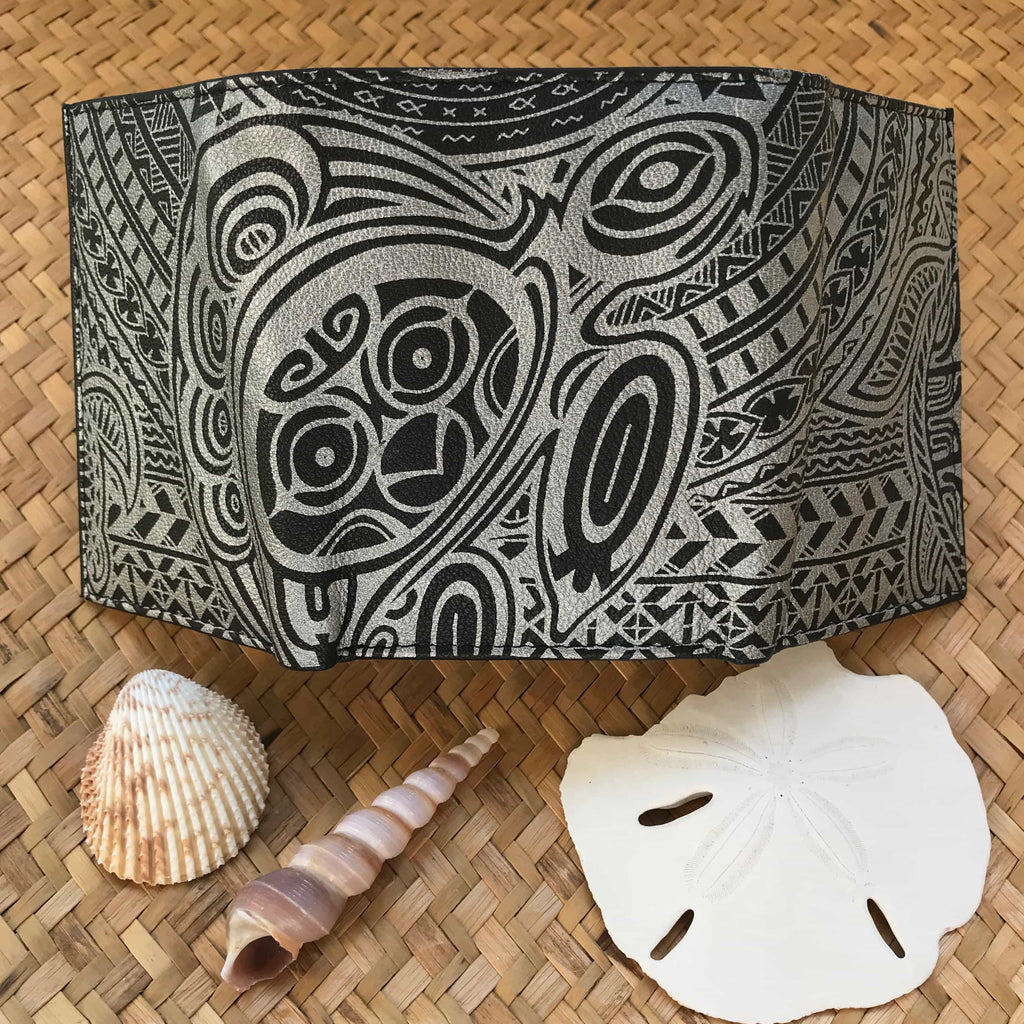 Black leather tribal turtle design wallet Hawaiian gift for men with gratitude for family meaning | Aloha Products USA