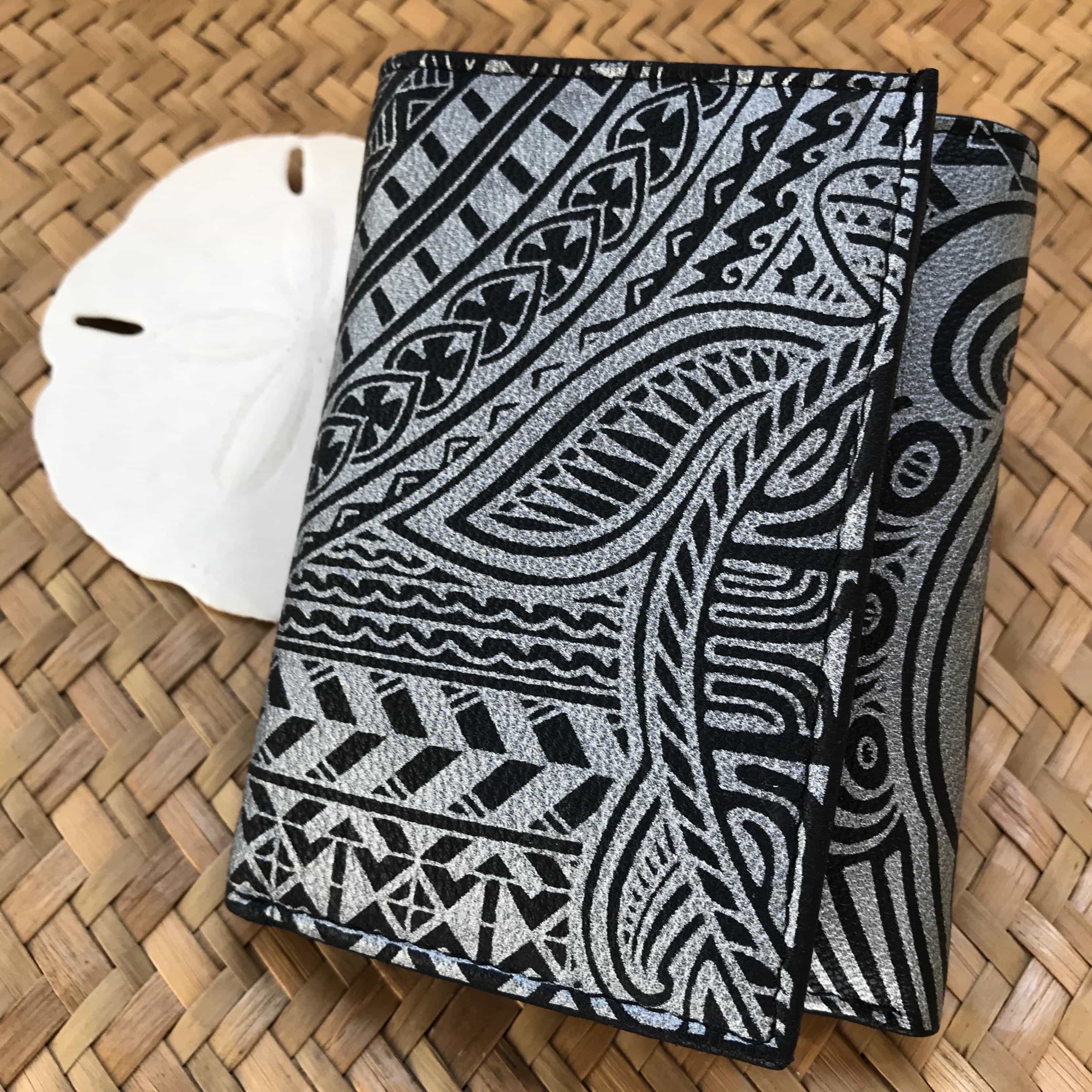 Hawaiian gifts for men black and silver leather trifold wallet with tribal turtle design | Aloha Products USA