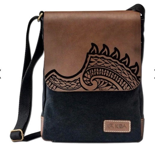 Hawaiian gift for men brown leather messenger bag with tribal design | Aloha Products USA