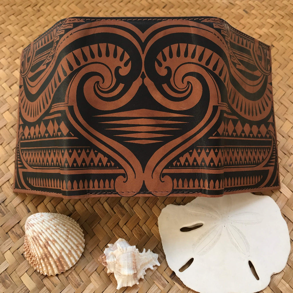 Hawaiian gift for men brown leather Polynesian design wallet with unity and marriage meaning | Aloha Products USA