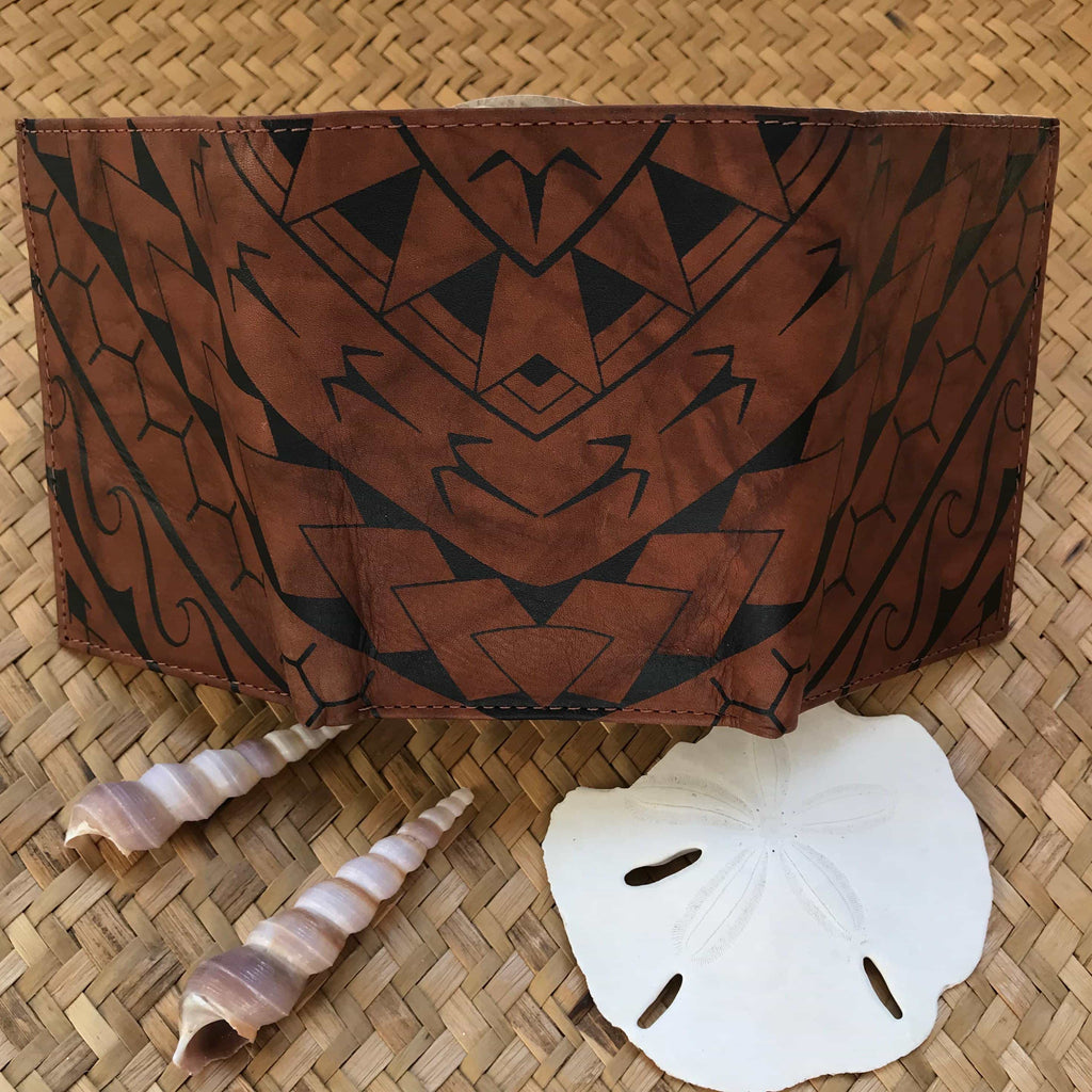 Brown leather wallet Hawaiian gift for men with Samoan tribal design | Aloha Products USA