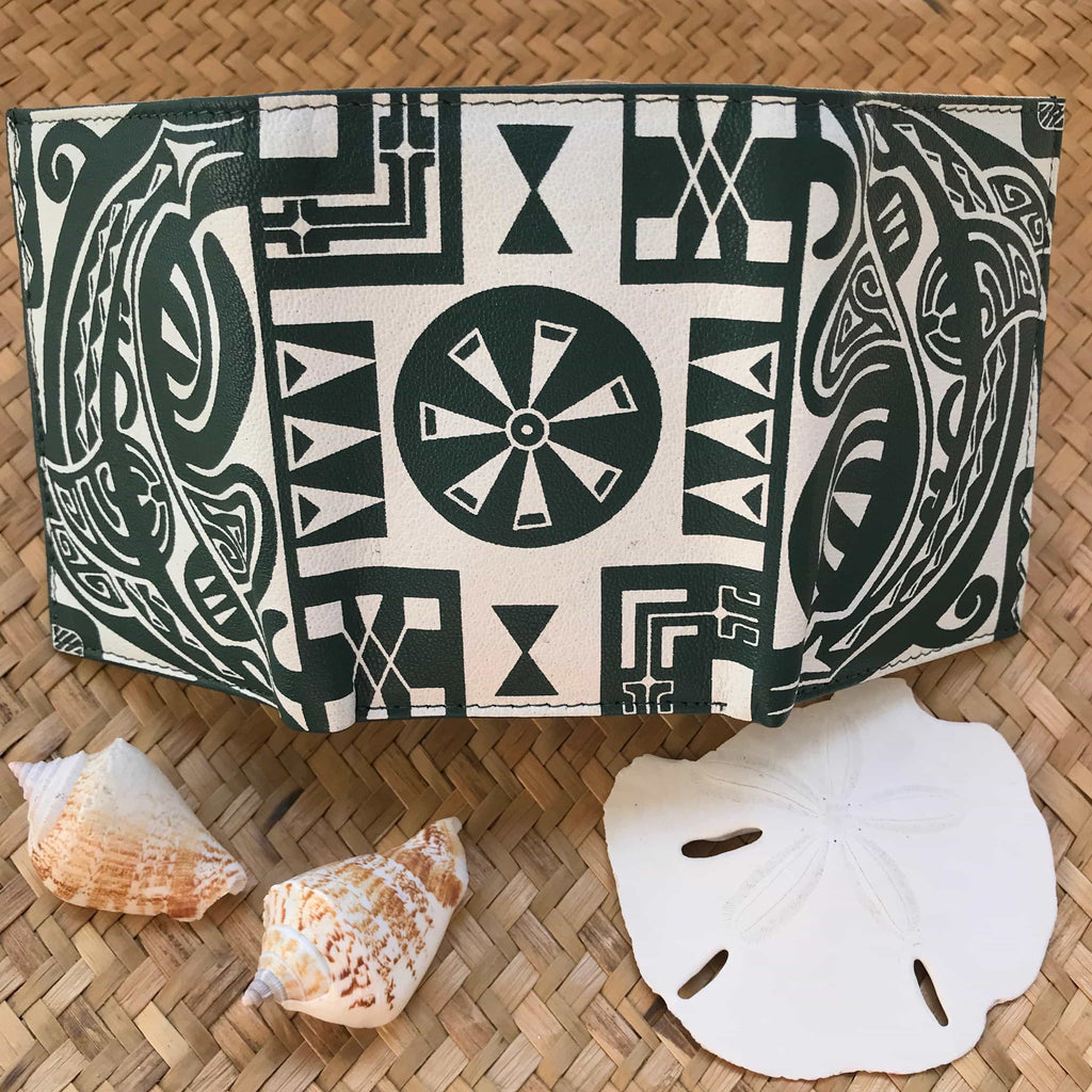 Hawaiian gifts for men green leather wallet with tribal design meaning Protection | Aloha Products USA