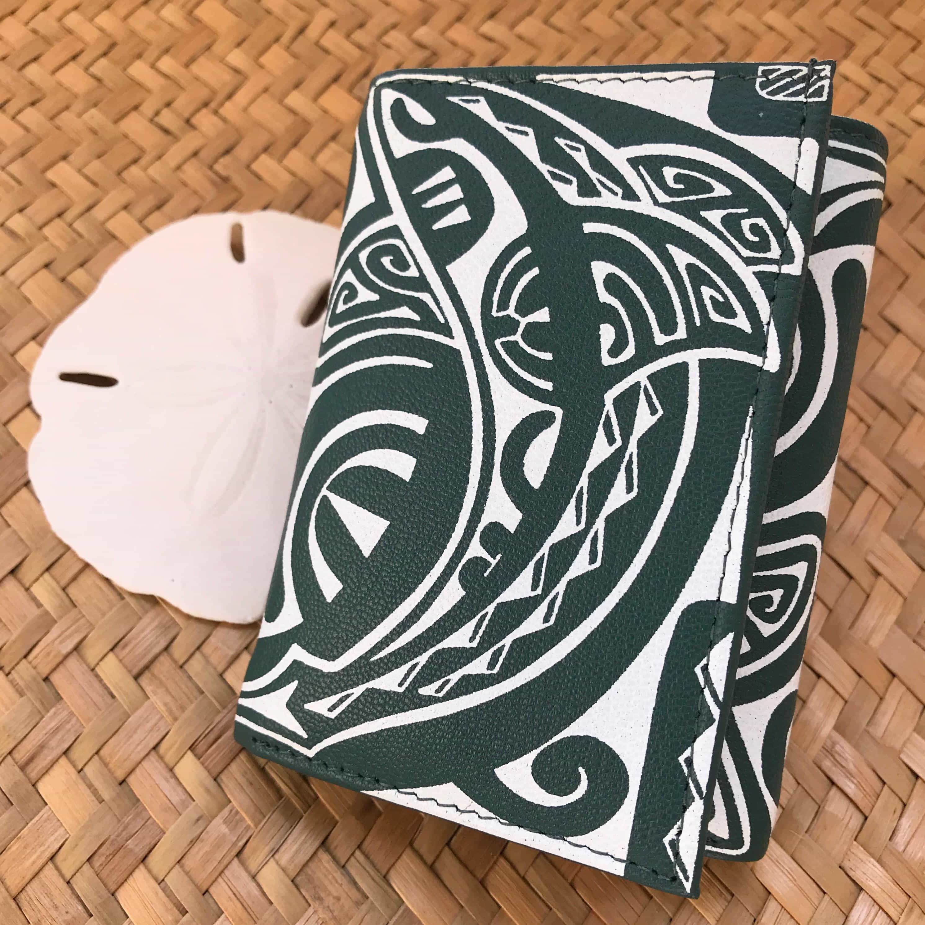 Hawaiian gift for men green leather trifold wallet with tribal shark design | Aloha Products USA