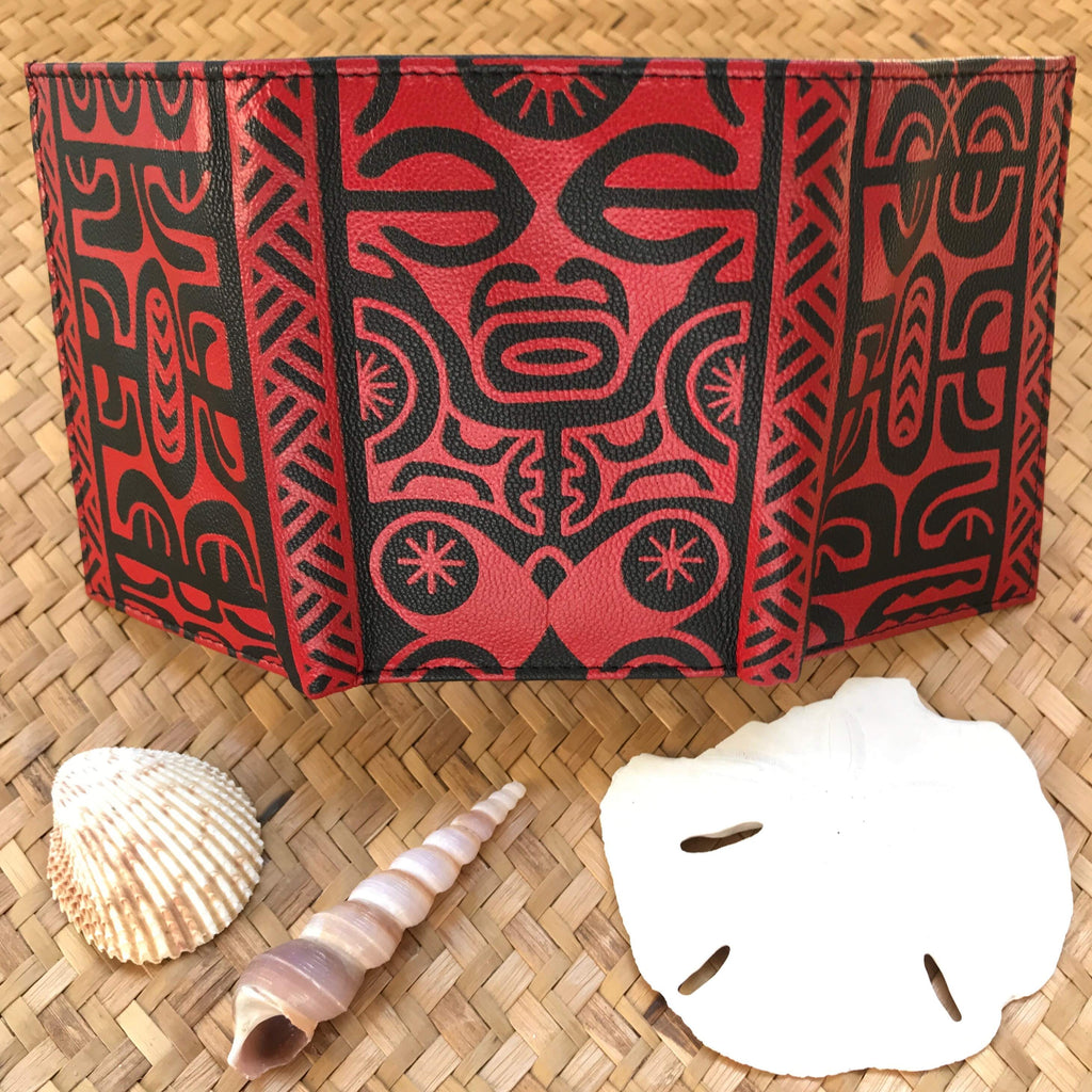 Hawaiian gift for men red leather wallet with tribal tiki happiness meaning | Aloha Products USA