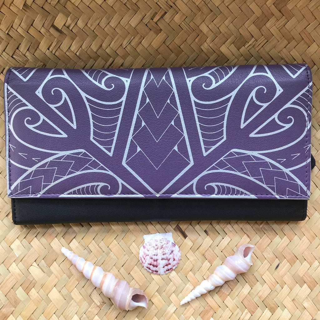 Purple leather tribal design clutch wallet Hawaiian gift for women with courage meaning | Aloha Products USA