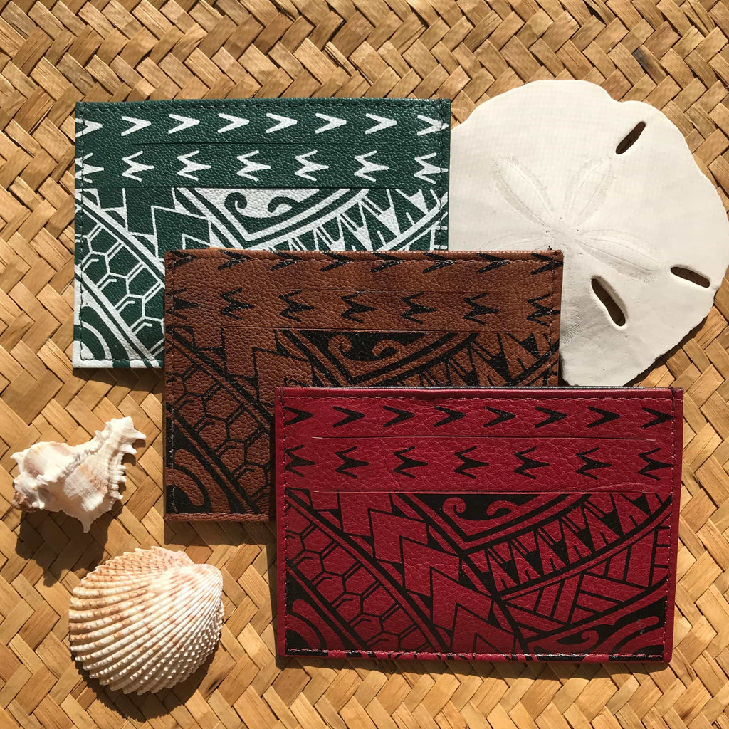Hawaiian gifts under $20 assorted leather ID card holders with Polynesian tribal design | Aloha Products USA