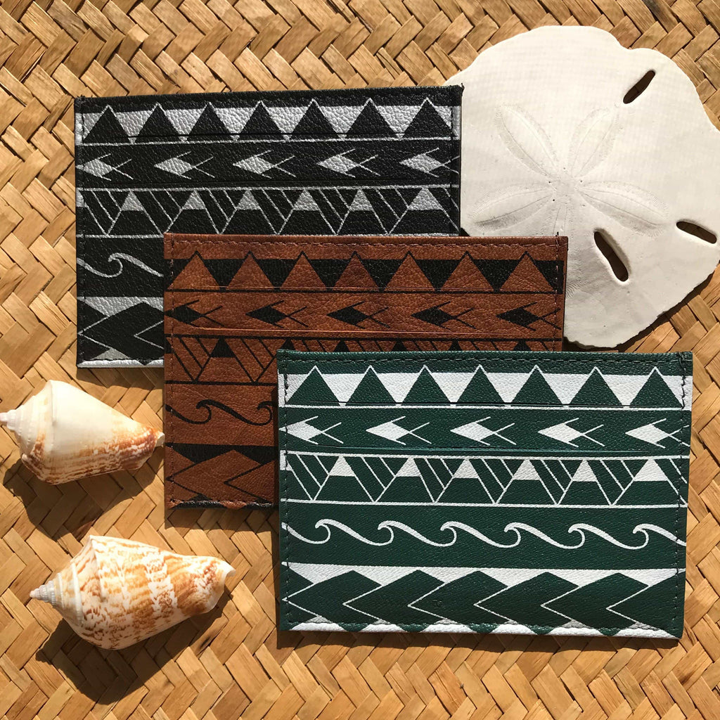 Hawaiian gifts under $20 assorted leather ID card holders with Samoan tribal design | Aloha Products USA