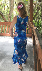 Back view of Hawaiian mid length ruffle dress for women in blue orchid | Aloha Products USA