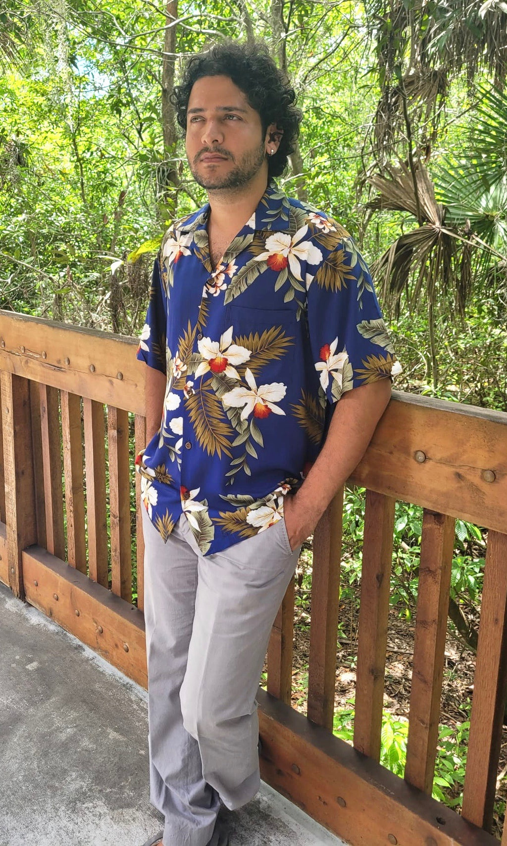 Hawaiian navy orchid shirt for matching couple outfit | Aloha Products USA