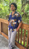 Hawaiian navy orchid shirt for matching couple outfit | Aloha Products USA
