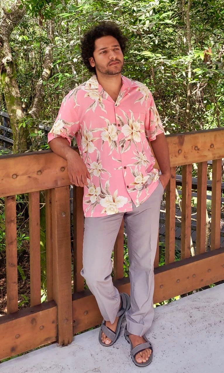 Hawaiian pink orchid shirt for matching couple outfit | Aloha Products USA