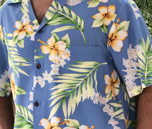Mens Hawaiian print pocket match in blue tuberose | Aloha Products USA