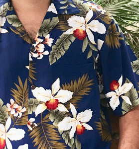 Mens Hawaiian shirt pocket match in navy orchid | Aloha Products USA