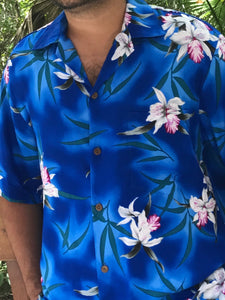 Mens Hawaiian shirt with pocket match in blue orchid | Aloha Products USA