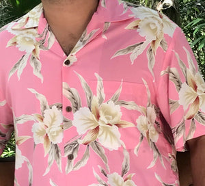 Mens Hawaiian shirt print pocket match in pink orchid | Aloha Products USA