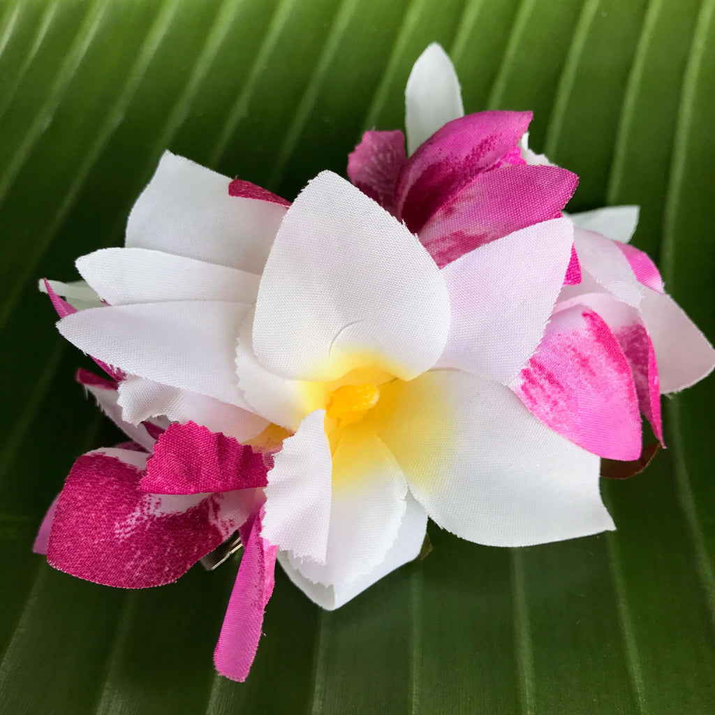 Hawaiian silk flower hair clip with purple, pink and white orchids | Aloha Products USA