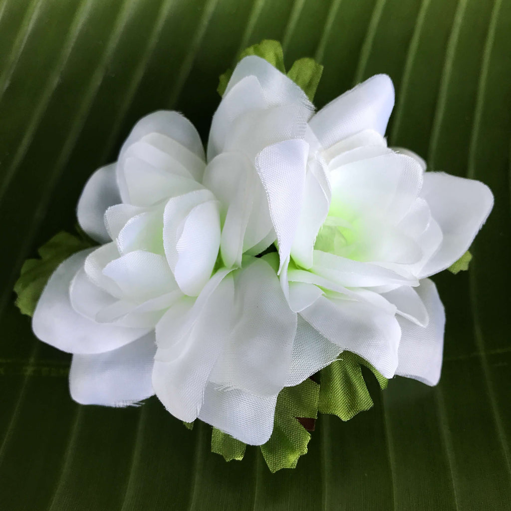 Hawaiian wedding silk flower hair clip with white gardenia flowers | Aloha Products USA