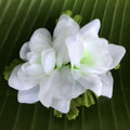 Hawaiian wedding silk flower hair clip with white gardenia flowers | Aloha Products USA