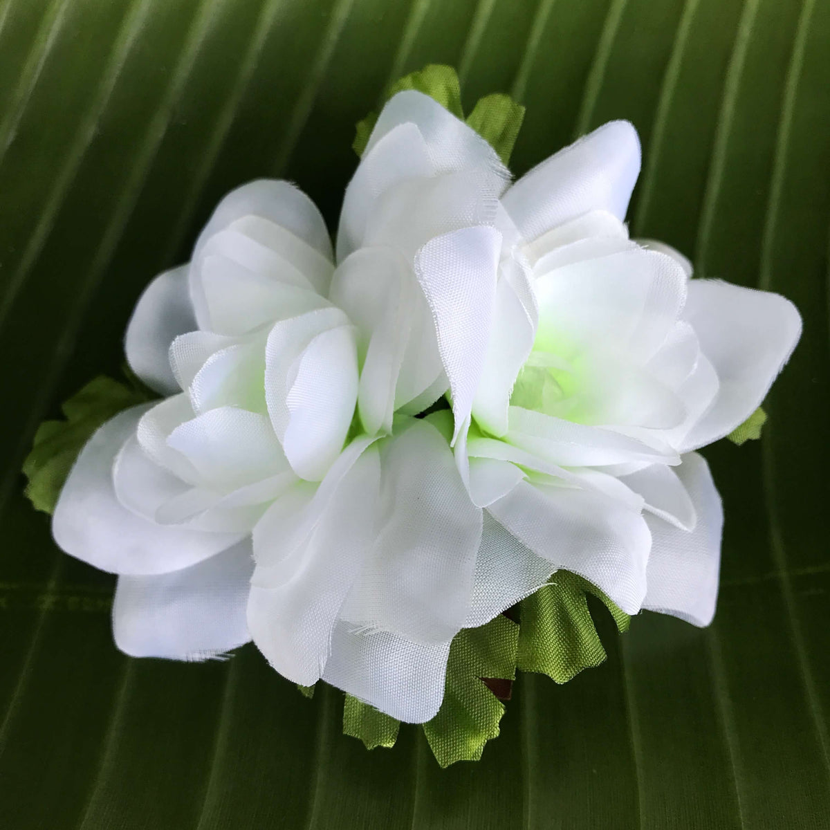 Hawaiian wedding silk flower hair clip with white gardenia flowers | Aloha Products USA