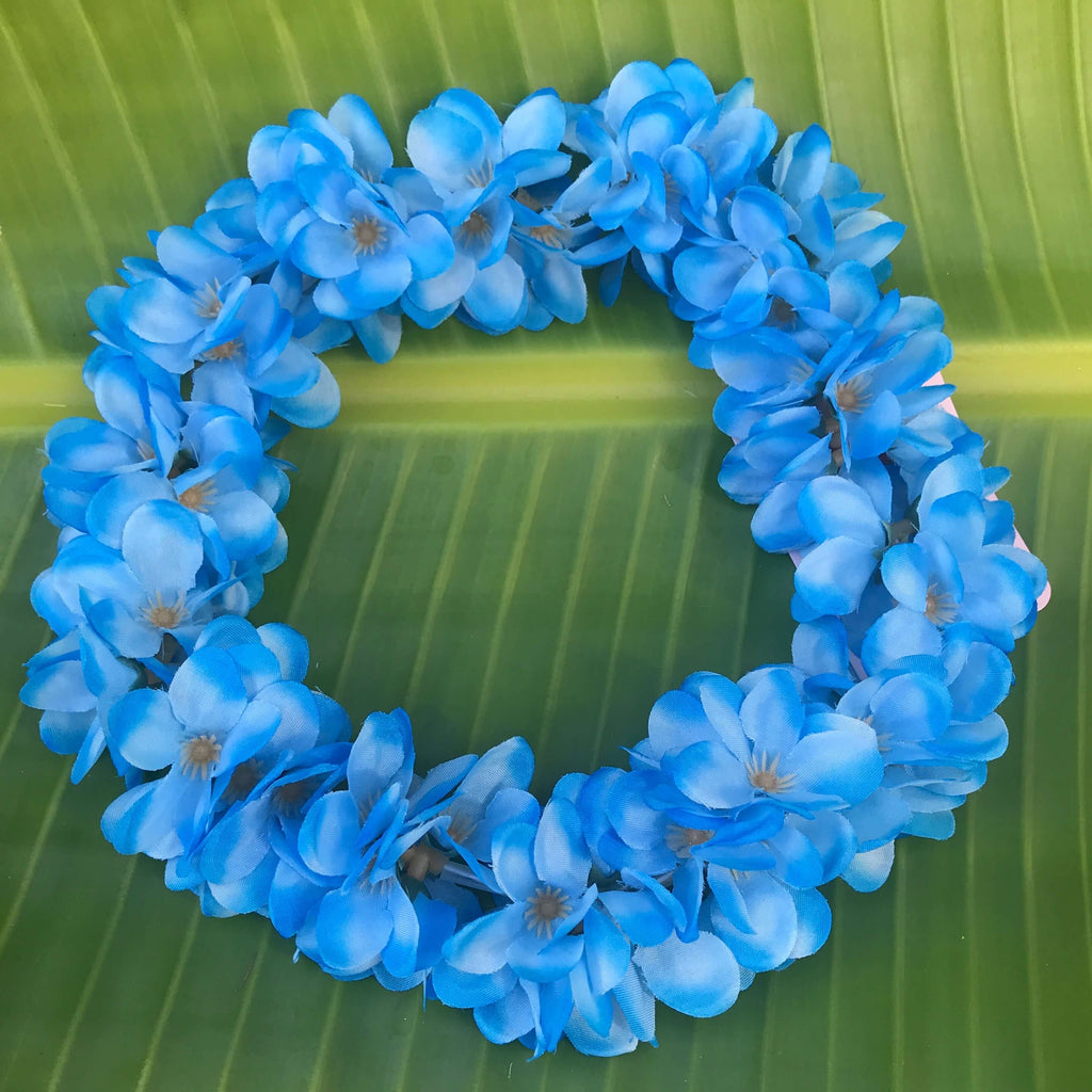 Hawaiian silk head lei with blue mini plumeria flowers used for headband | Aloha Products USA