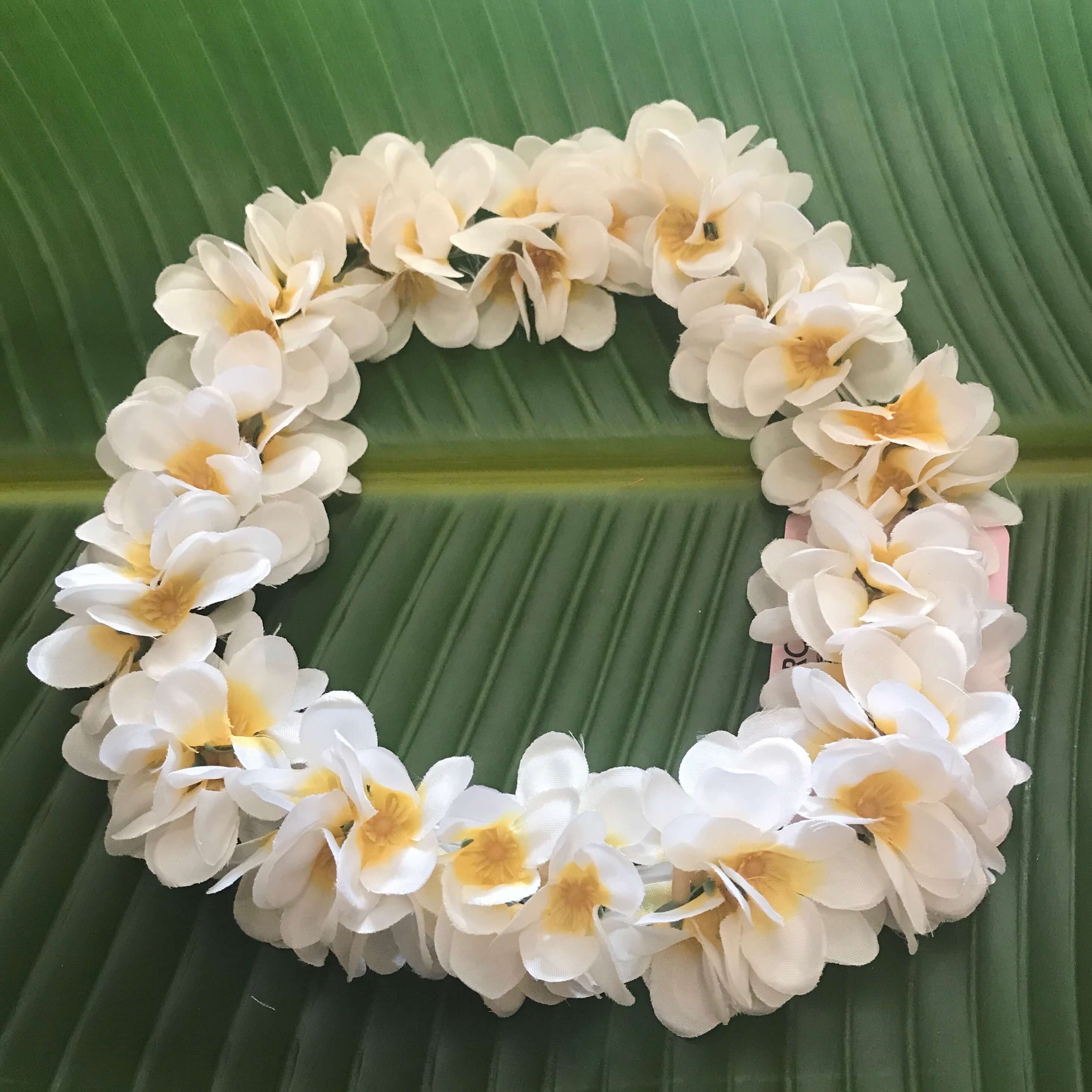 White Hawaiian silk head lei made of small plumeria flowers for headband | Aloha Products USA