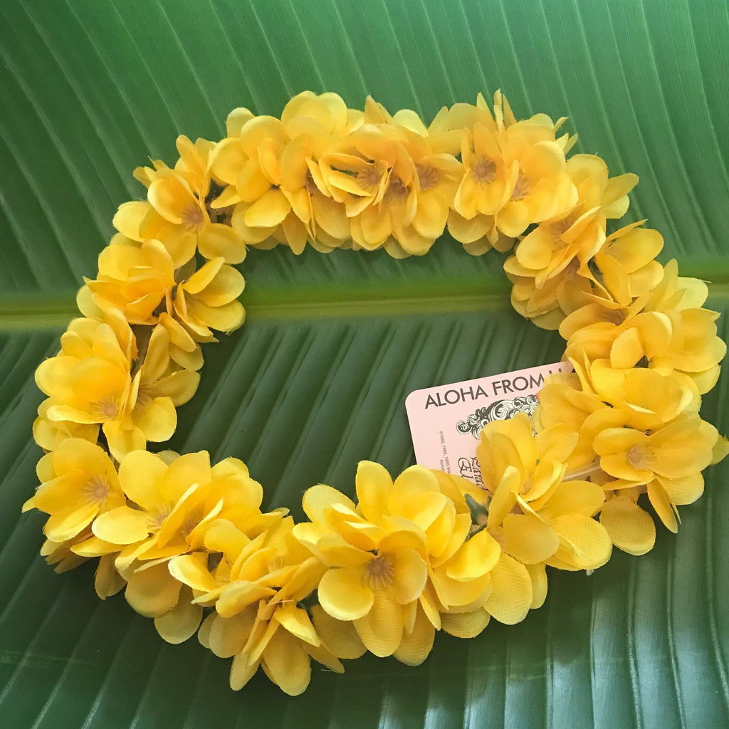 Hawaiian silk head lei elastic headband with mini yellow plumeria flowers | Aloha Products USA