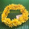 Hawaiian silk head lei elastic headband with mini yellow plumeria flowers | Aloha Products USA