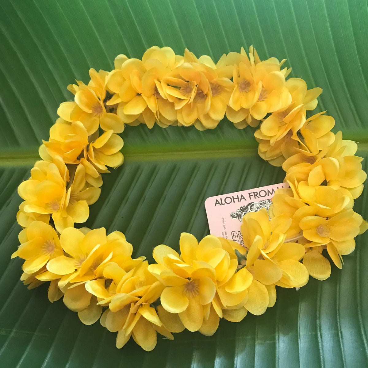 Hawaiian silk head lei elastic headband with mini yellow plumeria flowers | Aloha Products USA