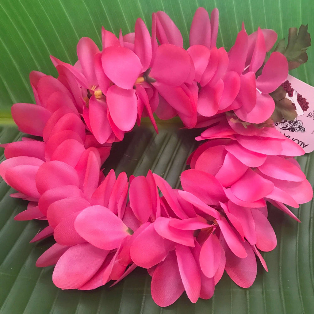 Hawaiian silk head lei with hot pink plumeria flowers for haku headband | Aloha Products USA