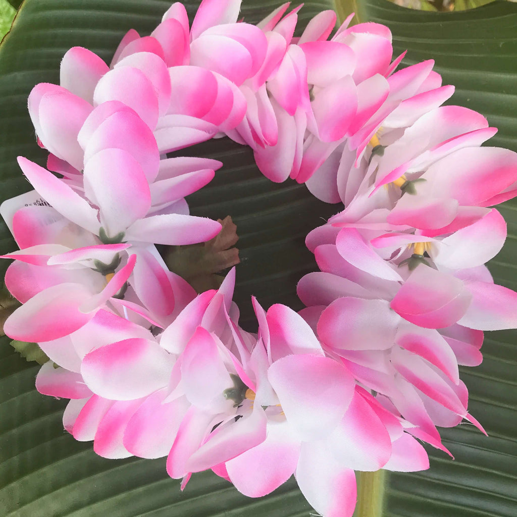 Hawaiian silk head lei haku with pink and white plumeria flowers | Aloha Products USA