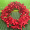 Hawaiian silk head lei haku with red lily flowers for headband | Aloha Products USA