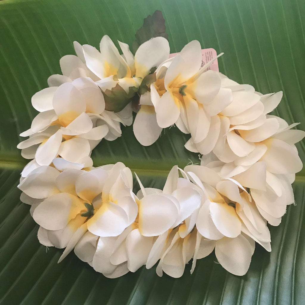 Hawaiian silk head lei for weddings with white plumeria flowers | Aloha Products USA