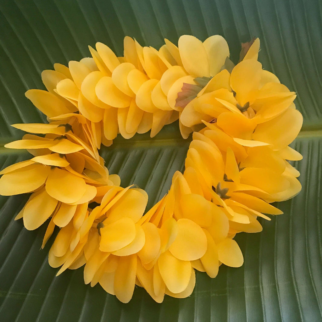 Hawaiian silk head lei haku with bright yellow plumeria flowers | Aloha Products USA