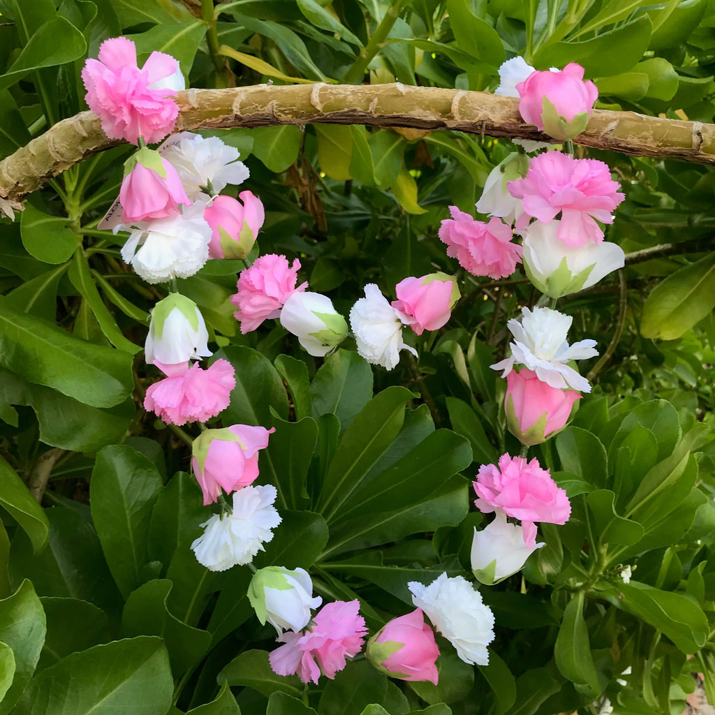 Hawaiian silk lei with pink and white roses and carnations | Aloha Products USA