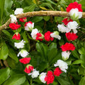 Hawaiian silk lei with red and white rose and carnation flowers | Aloha Products USA