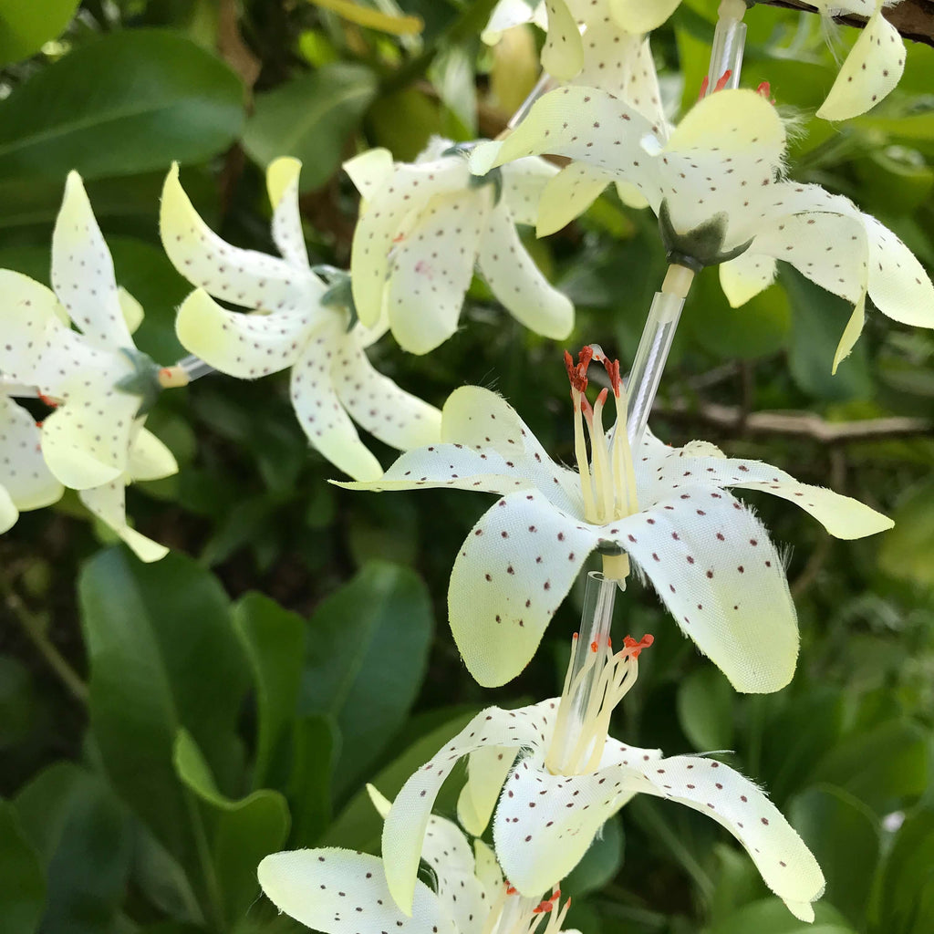 Close up view of a pale yellow Hawaiian silk lei with lily flowers | Aloha Products USA