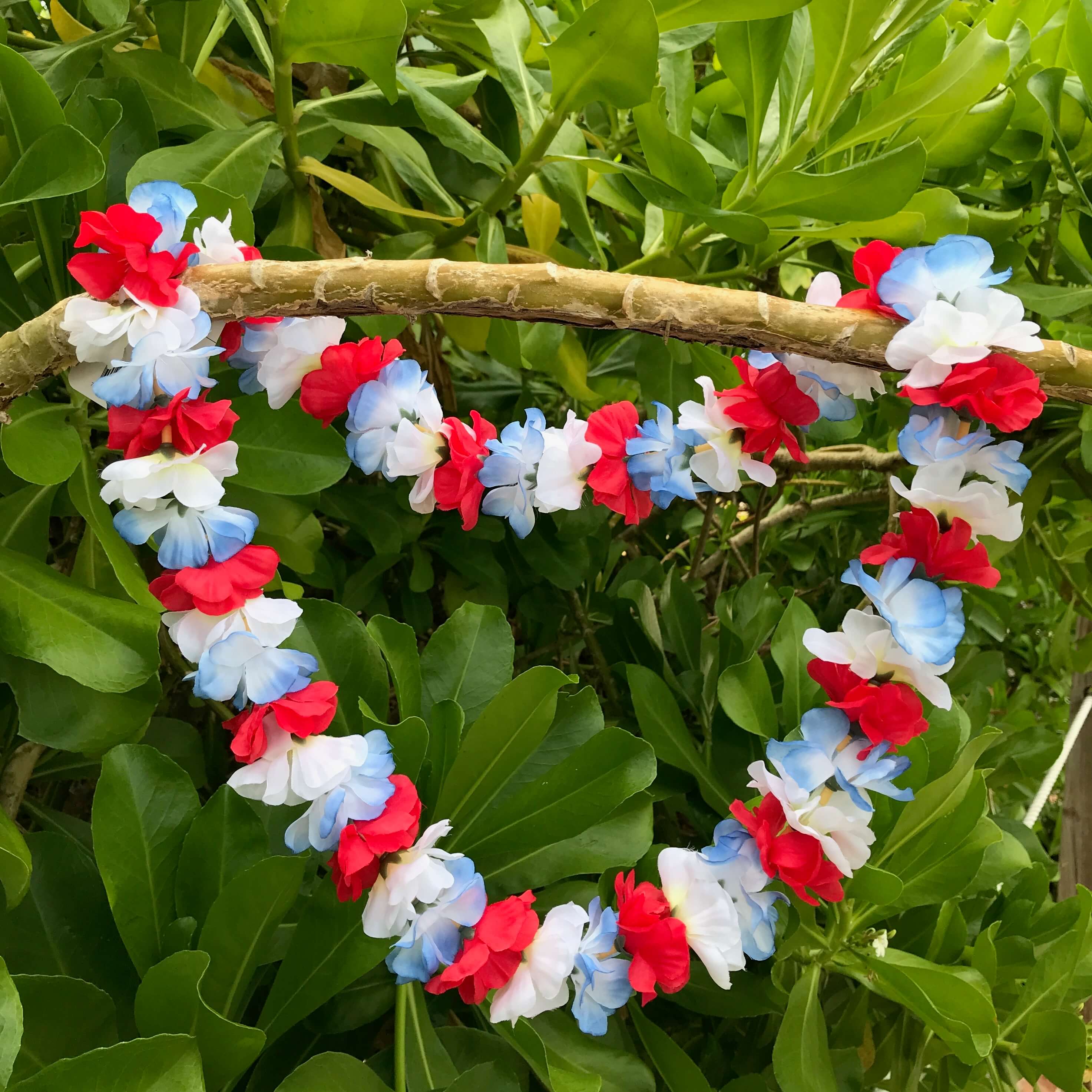 Hawaiian silk lei with red white and blue rose flowers | Aloha Products USA