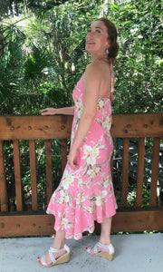 Ladies Hawaiian sleeveless halter midi dress in pink and white orchids | Aloha Products USA
