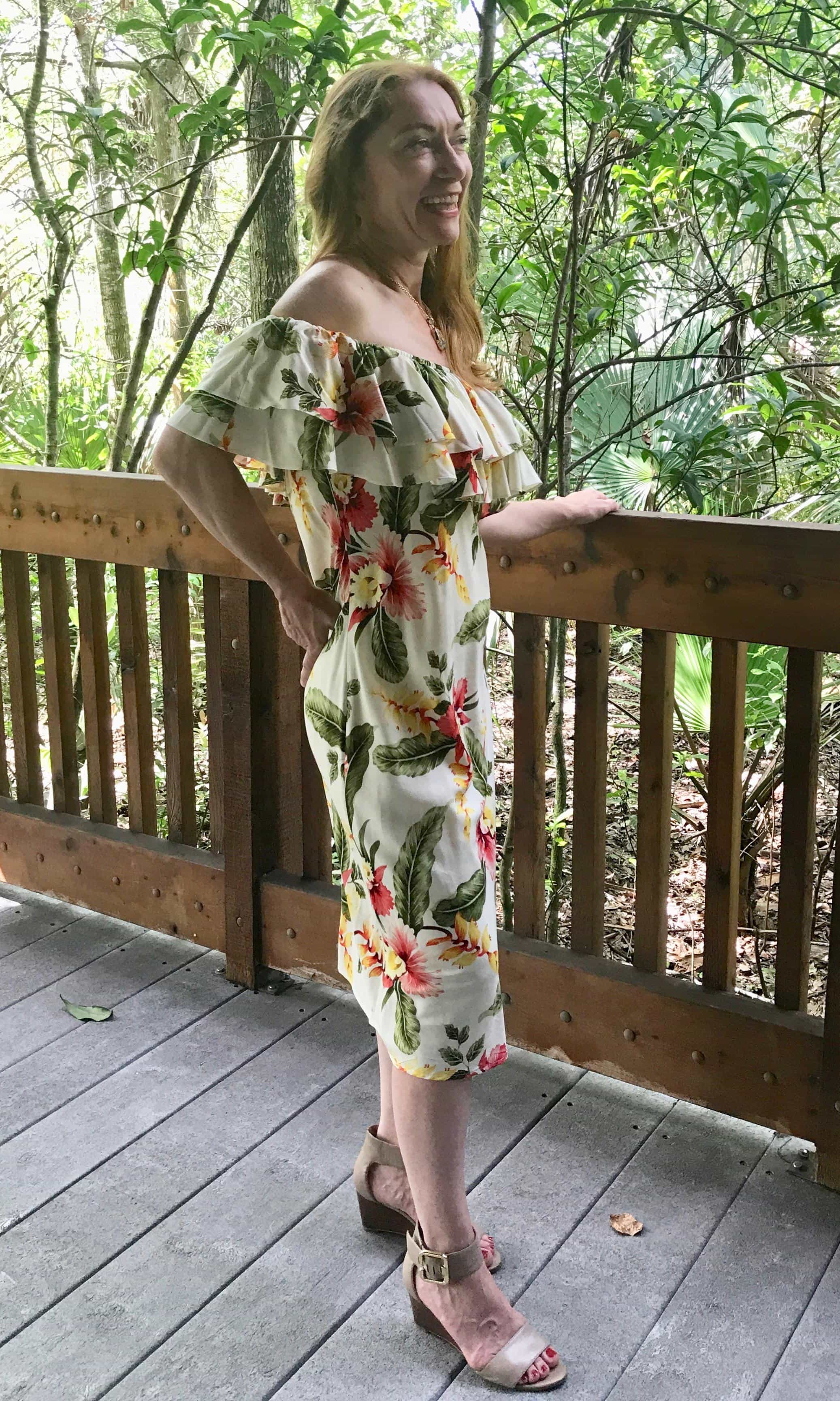 Pretty Hawaiian hibiscus mid length dress with off shoulder ruffle sleeves | Aloha Products USA