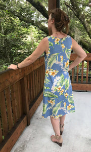 Mid length pretty blue Hawaiian sleeveless tank dress  | Aloha Products USA
