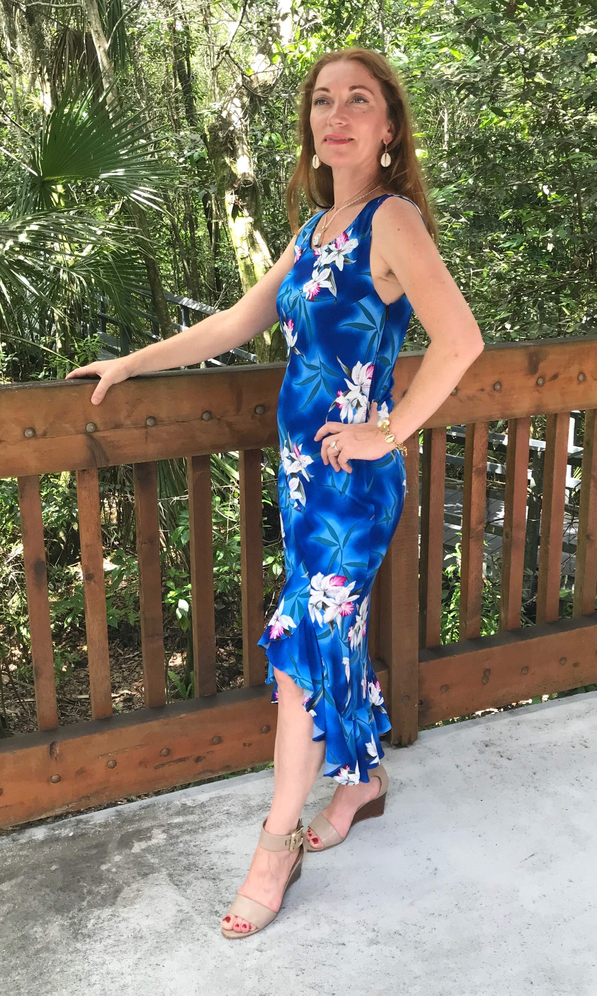 Hawaiian Blue Orchid Midi Dress - Matching Couple - Luau Leslie Shop Hawaiian Blue Orchid Midi Dress - Matching Couple - Luau Leslie Shop