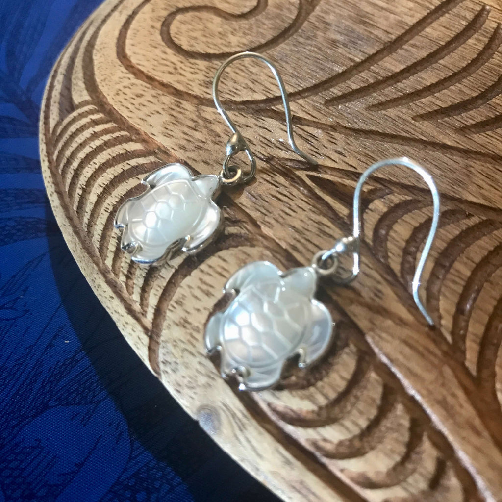 Island jewelry mother of pearl carved turtle earrings set on stirling silver | Aloha Products USA