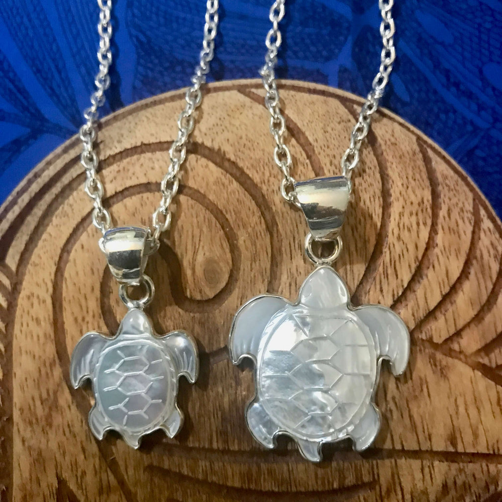 Island jewelry small and large MOP turtle pendant necklaces with stirling silver settings | Aloha Products USA